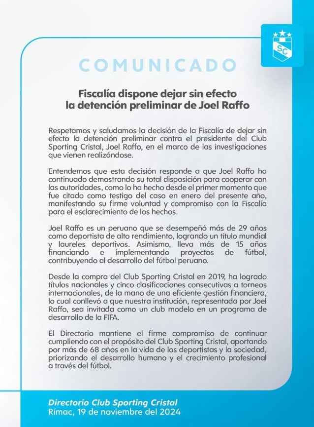 Sporting Cristal y su comunicado tras la orden de liberar a Joel Raffo.