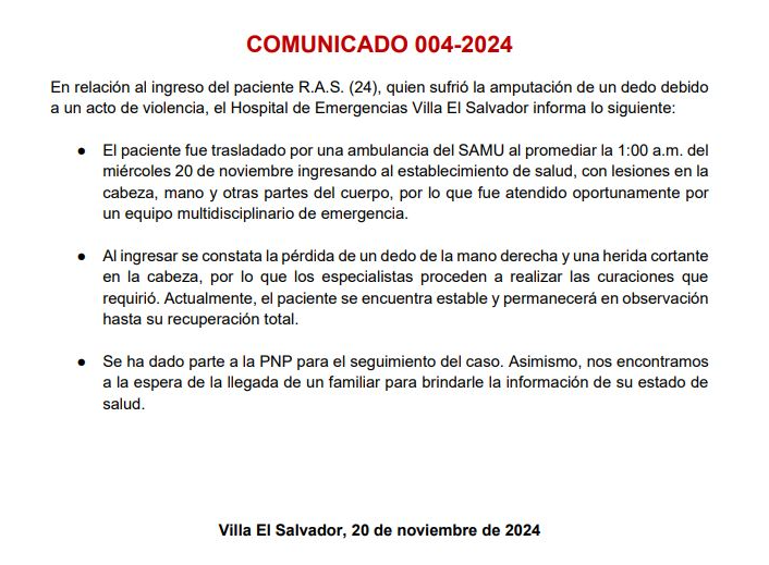 Hospital Villa El Salvador brinda detalles de la salud del joven empresario secuestrado.