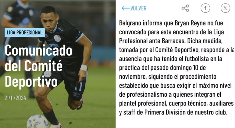 Belgrano emite comunicado sobre Bryan Reyna.