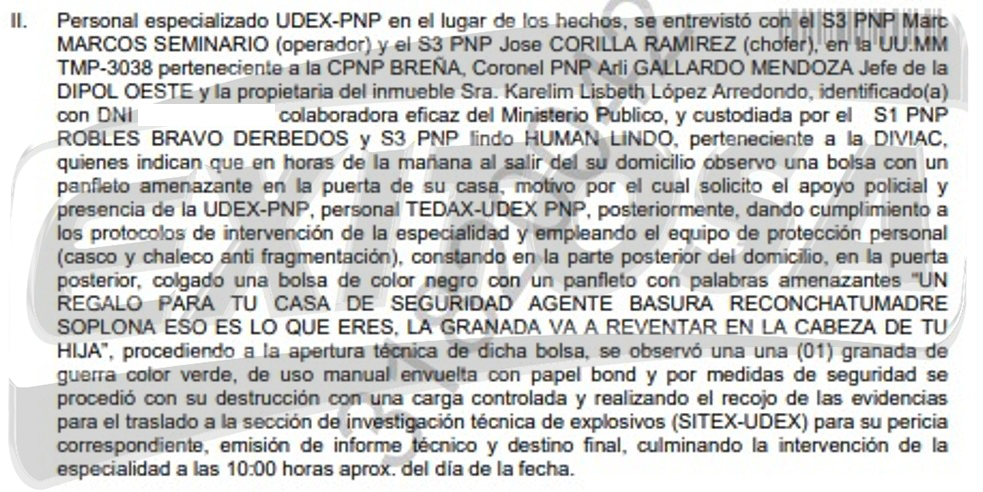 Parte policial sobre explosivos dejados a Karelim Lpez.