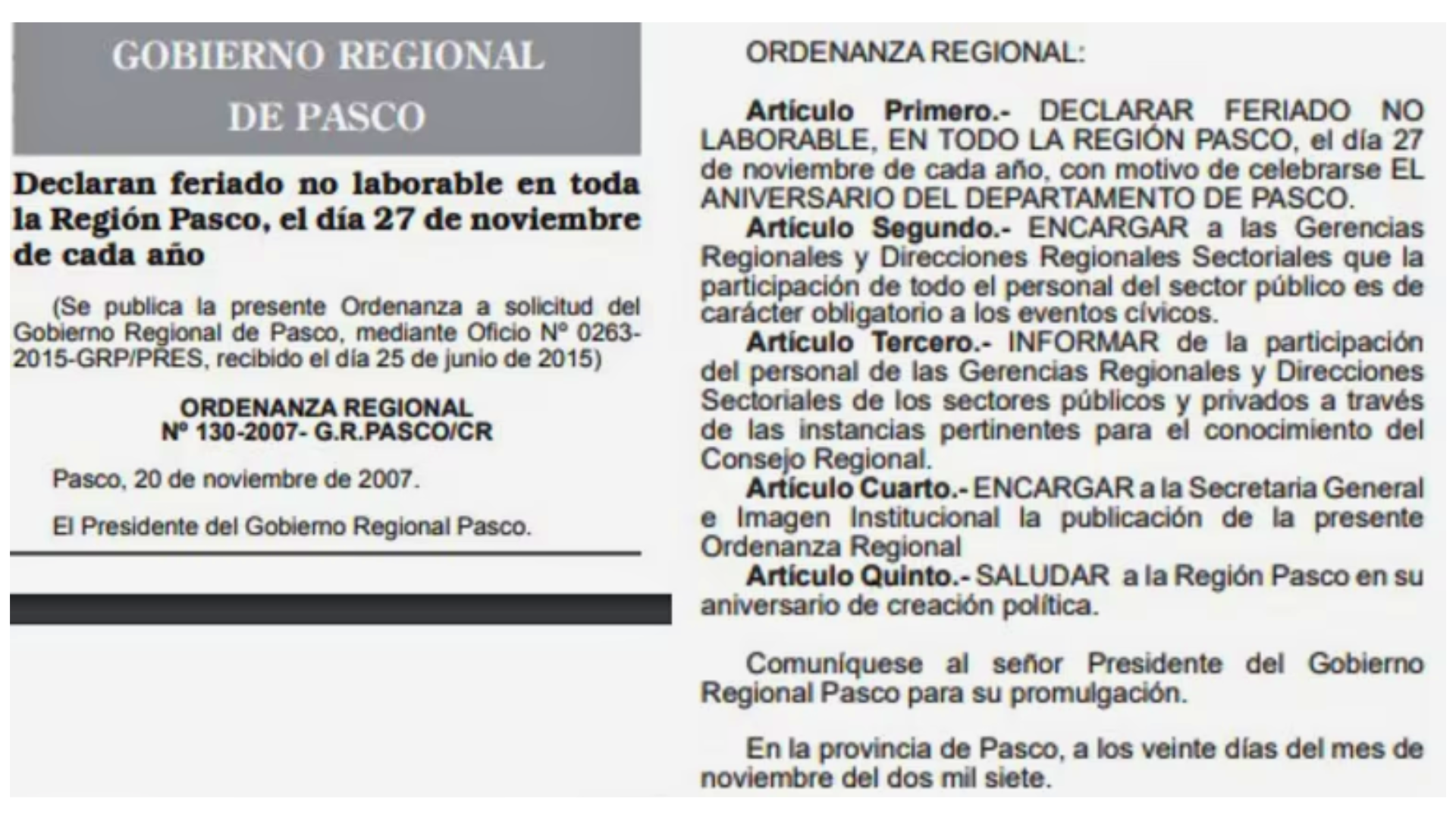 Ordenanza Regional de Pasco que establece feriado no laborable este 27 de noviembre.