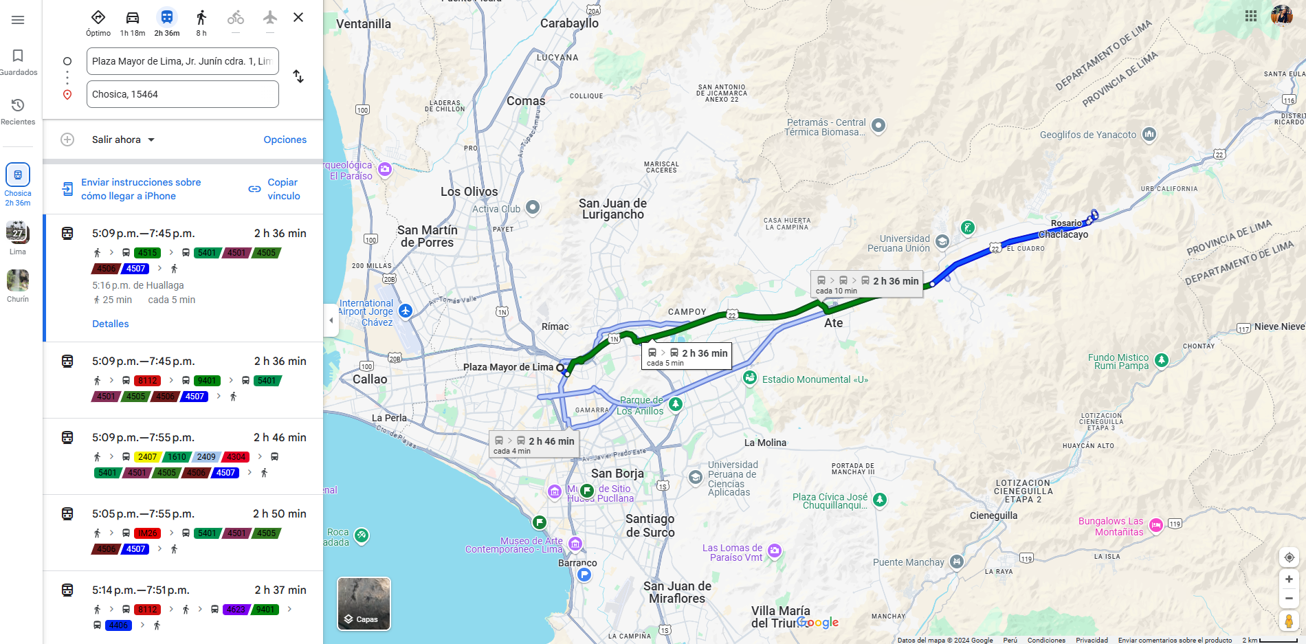 Distancia en trasporte pblico entre Lima y Chosica