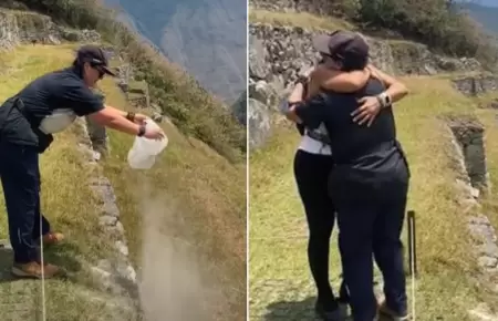 Mujer esparce cenizas en Machu Picchu.