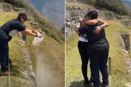 Mujer esparce cenizas en Machu Picchu.