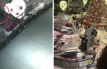 Vehculo cae sobre techo de un centro comercial Miraflores.