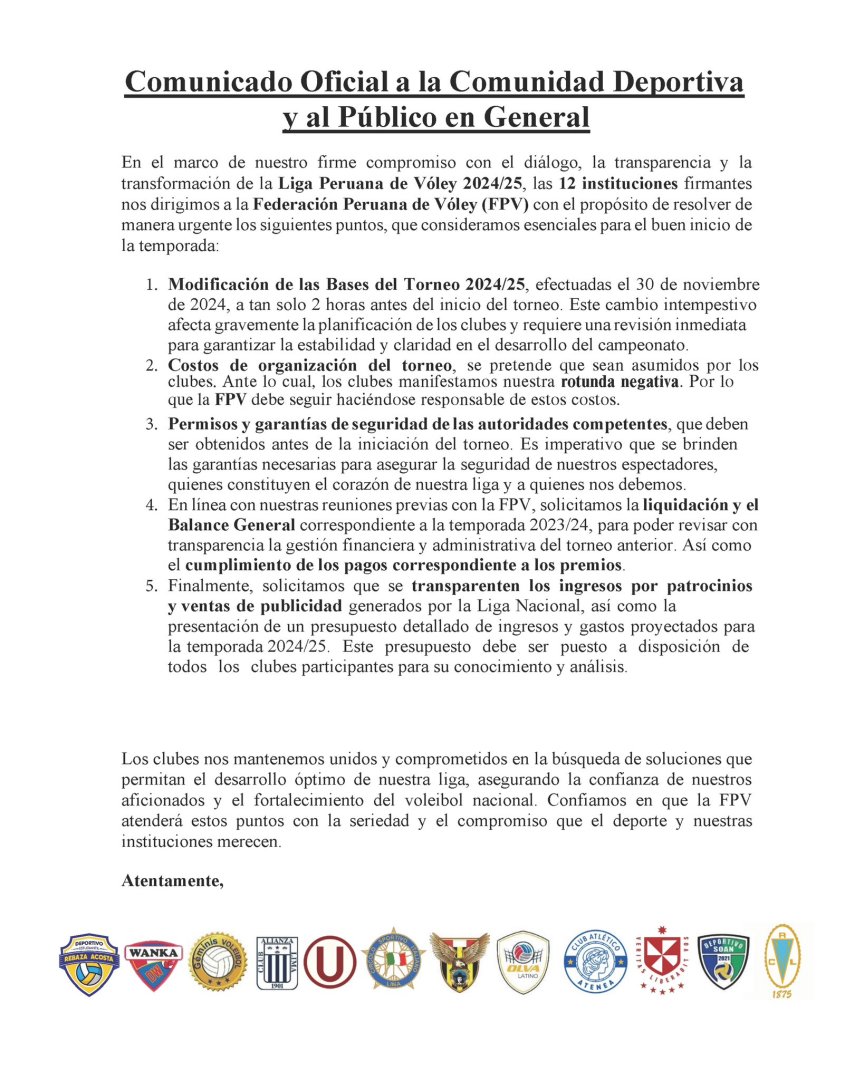 Comunicado conjunto de clubes de la Liga Peruana de Vley