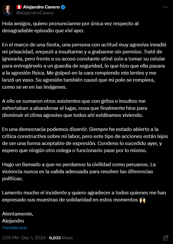 Alejandro Cavero emite comunicado tras ser agredido