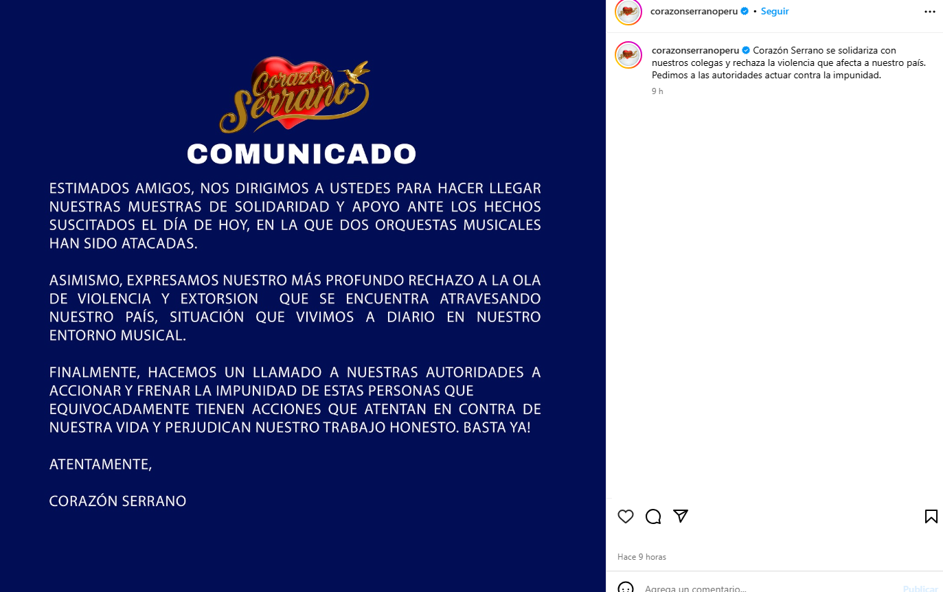 Corazn Serrano rechaza extorsin y se solidariza con orquestas afectadas