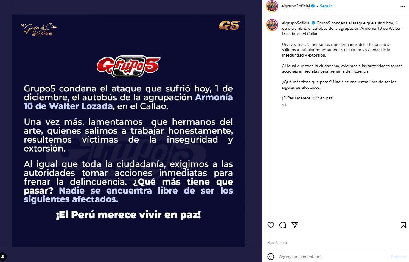 Grupo 5 rechaza extorsin y se solidariza con orquestas afectadas