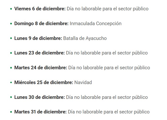 Tres fines de semana largos en diciembre.