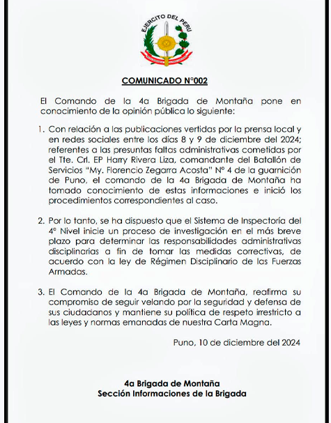 Comunicado de la Cuarta Brigada de Montaa de Puno por irregularidades.