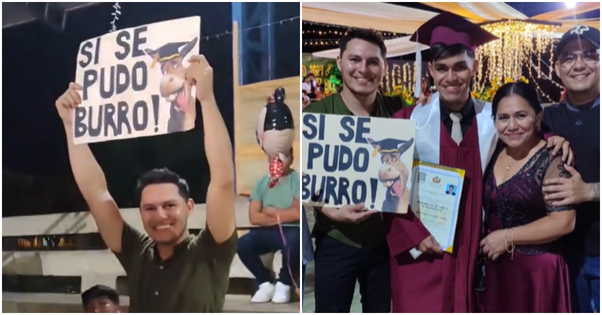 Joven se gradúa y su familia lo sorprende con divertido cartel en plena ceremonia: "Si se pudo, burro"