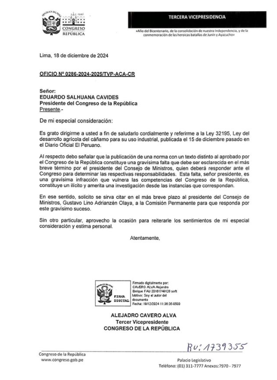 Alejandro Cavero pide al premier Adrianzn responder ante el Congreso por Ley 32195 promulgada con cambios no aprobados por el Pleno.