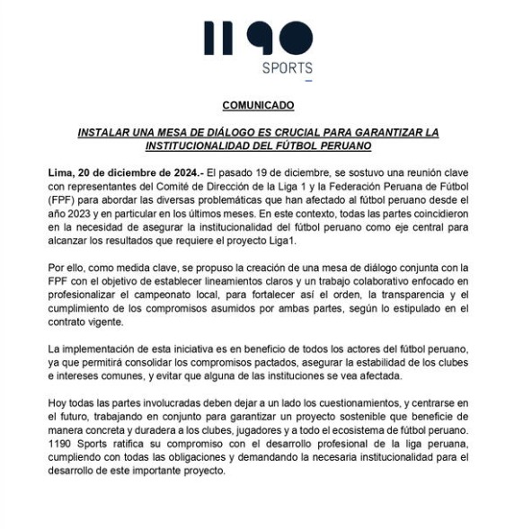 Comunicado de 1190 Sports.