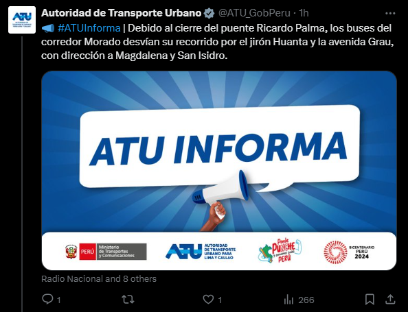 ATU informa cierre del puente Ricardo Palma