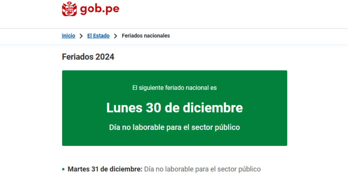 Los últimos días no laborables en Perú. (Fuente: Plataforma del Estado)