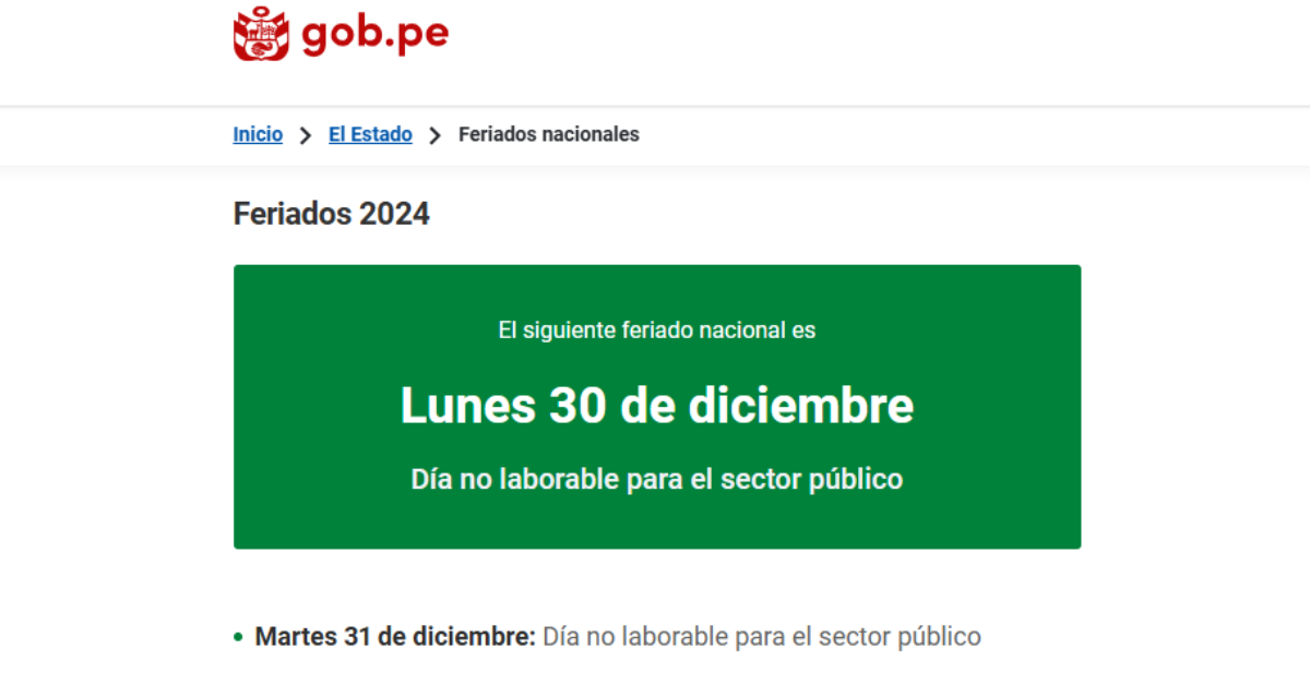 Los ltimos das no laborables en Per. (Fuente: Plataforma del Estado)