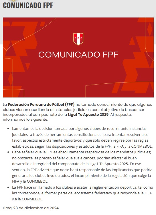 Comunicado de la FPF.