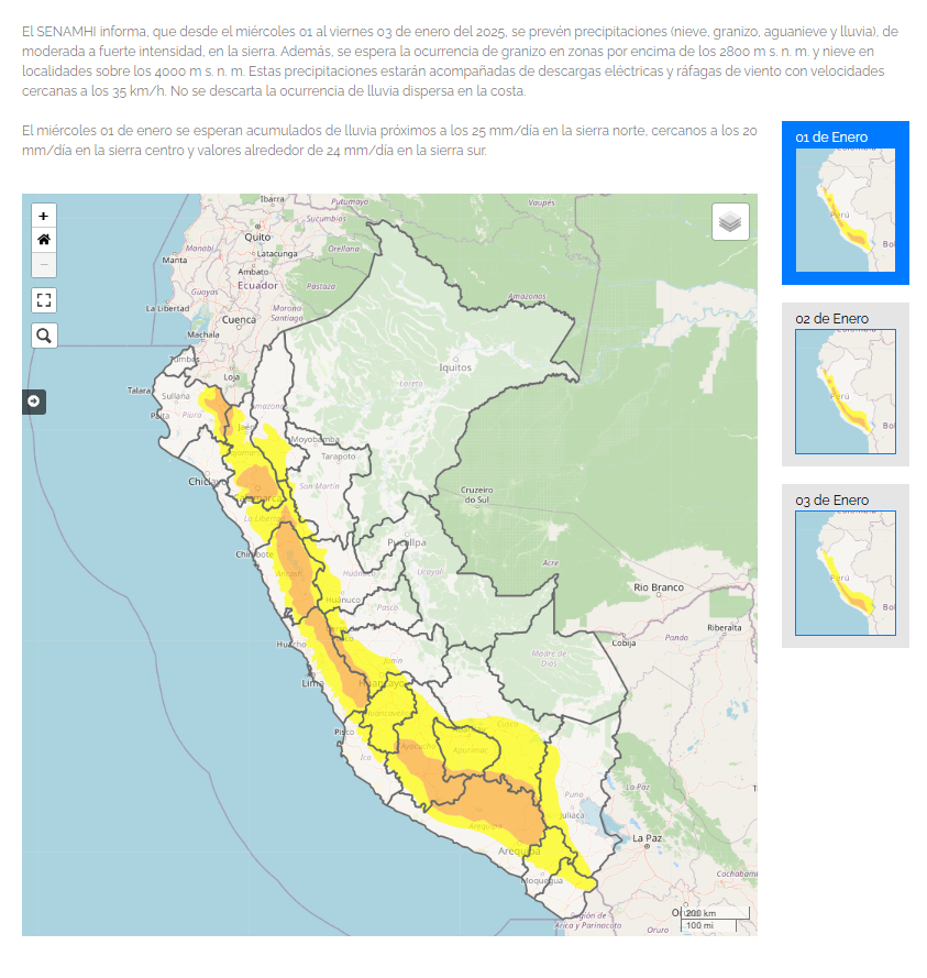 Del 01 al 03 de enero del 2025, se presentar nieve, granizo, aguanieve y lluvia en la Sierra