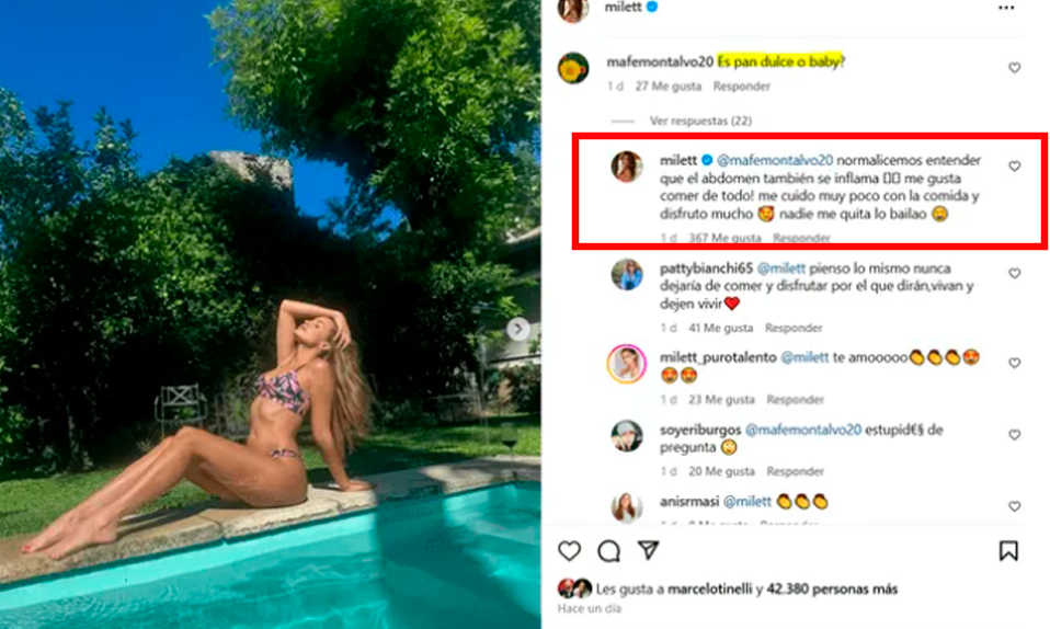 Milett Figueroa responde a seguidor si se encuentra embarazada o no de Marcelo Tinelli.