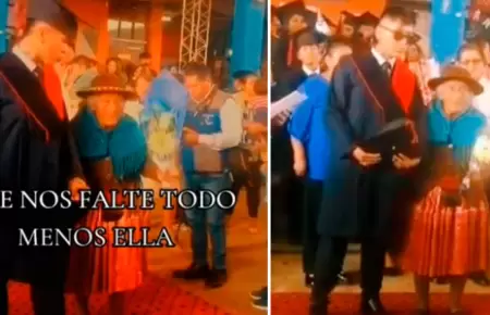 Graduado orgulloso al lado de su abuela en ceremonia.