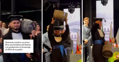 Graduado rinde honor a su padre con tanque de gas.