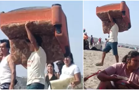 Familia peruana lleva mueble a la playa de Lima