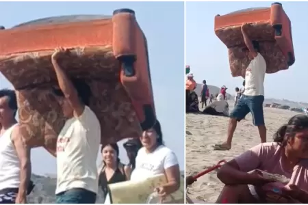 Familia peruana lleva mueble a la playa de Lima