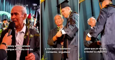 Abuelito emocionado en la graduacin de su nieto.