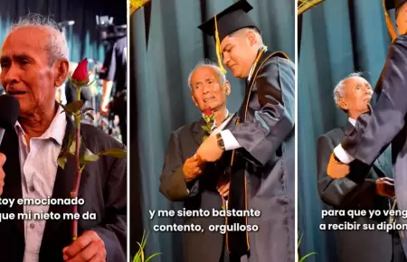 Abuelito emocionado en la graduacin de su nieto.