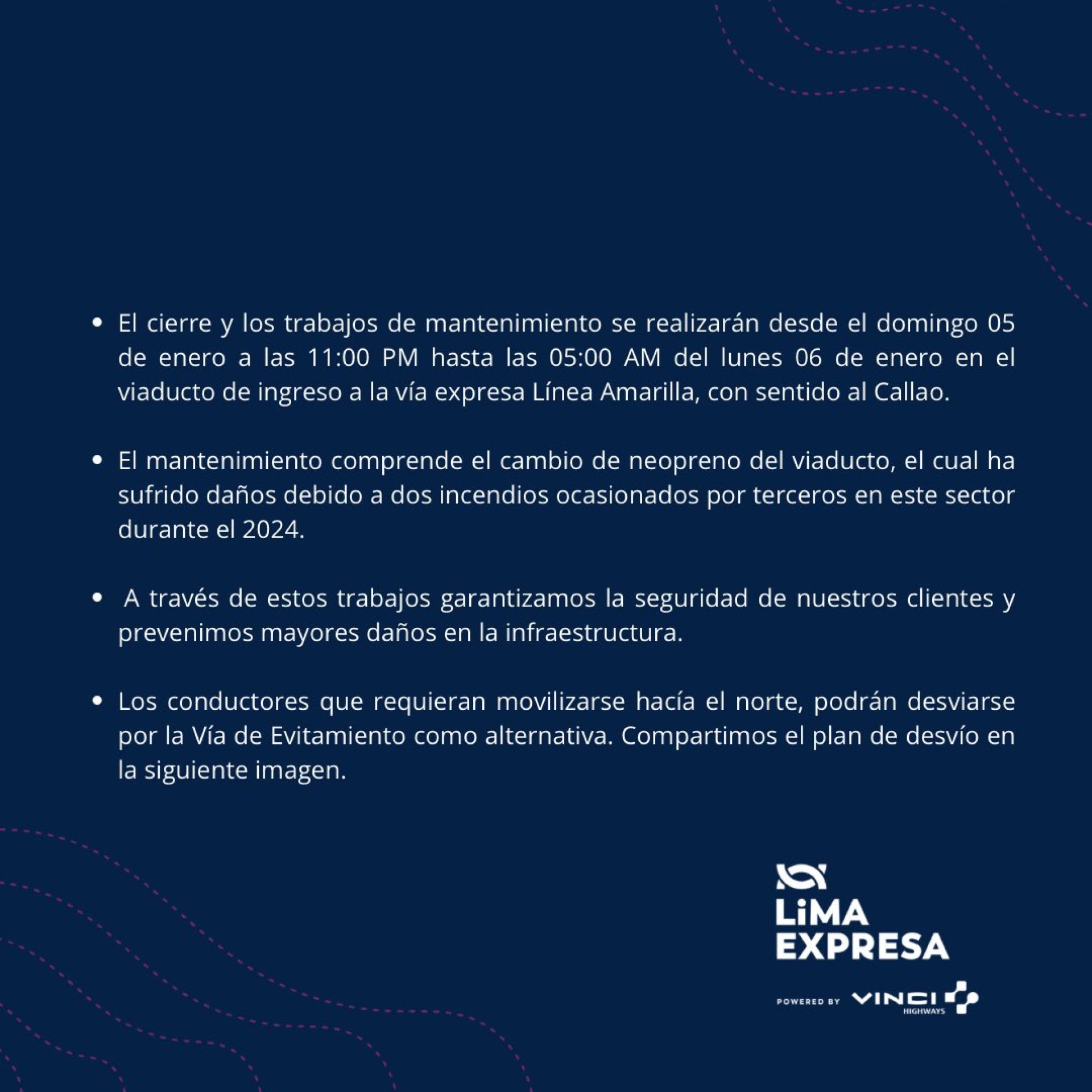 Comunicado sobre cierre de la va expresa Lnea Amarilla, en sentido sur a norte, por trabajos de mantenimiento