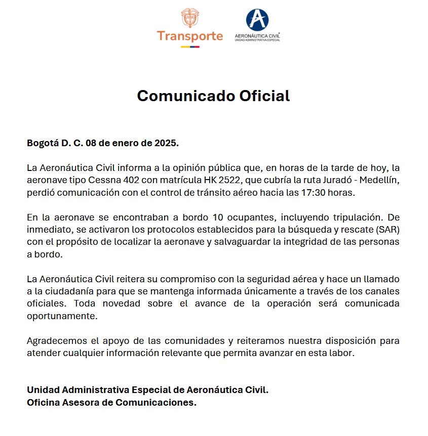 Comunicado oficial sobre aeronave tipo Cessna 402 con matrcula HK 2522, que cubra la ruta Jurad