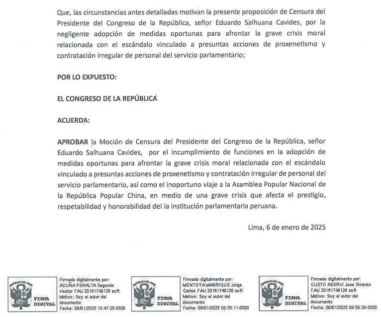 Presentan moción de censura contra Eduardo Salhuana.