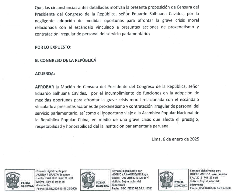 Presentan mocin de censura contra Eduardo Salhuana.