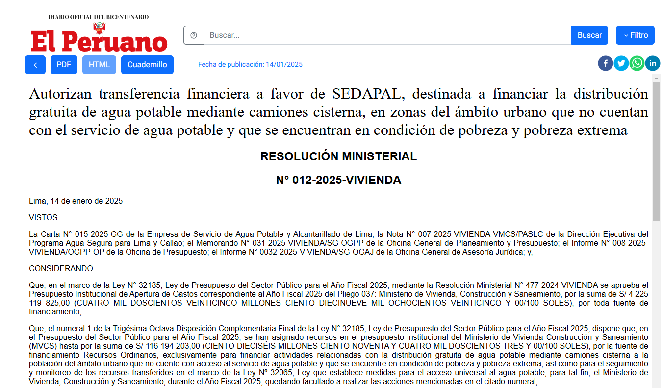 Autorizan transferencia financiera a favor de SEDAPAL