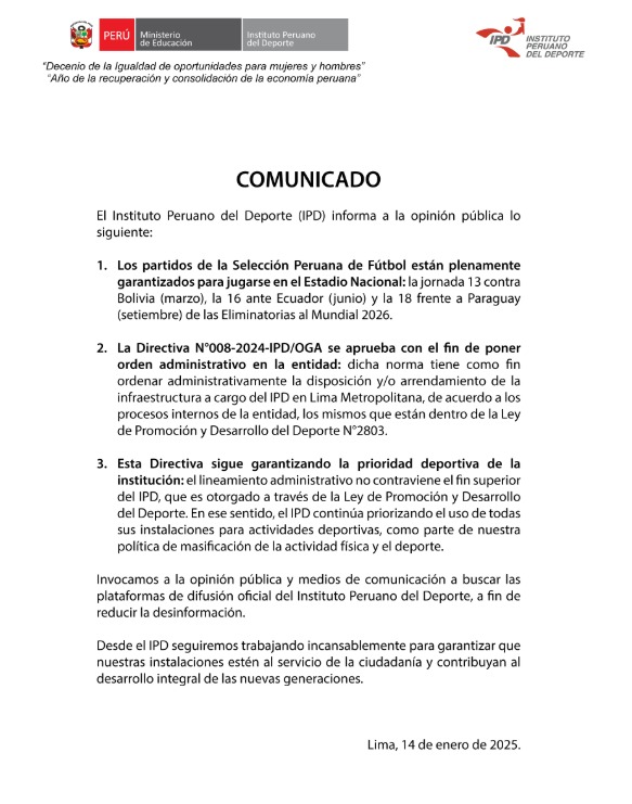 IPD emite comunicado y reafirma su compromiso con el deporte.