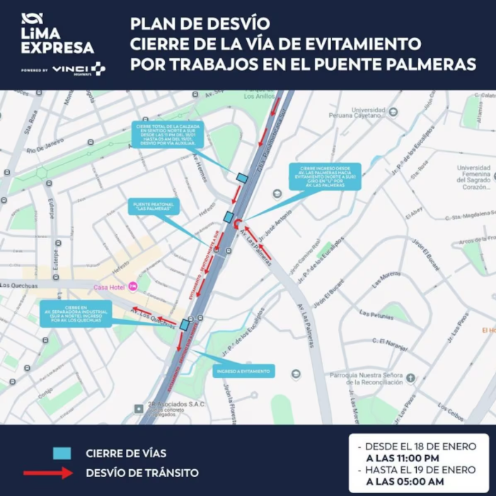 La concesionaria Lima Expresa anuncia cierre de la va de Evitamiento, en sentido de norte a sur, para este sbado 18 de enero