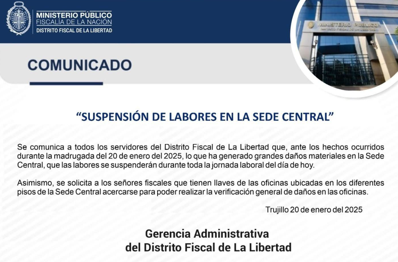 Suspenden labores en Sede Central de la Fiscala en Trujillo.