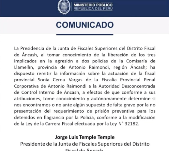 Comunicado de la Fiscala de la Nacin.