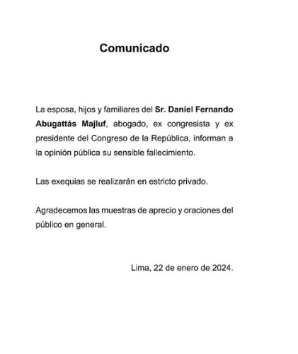Daniel Abugattás perdió la vida este miércoles 22 de enero.