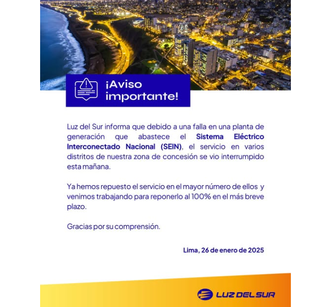 Comunicado de Luz del Sur tras inesperado corte de luz en Lima.