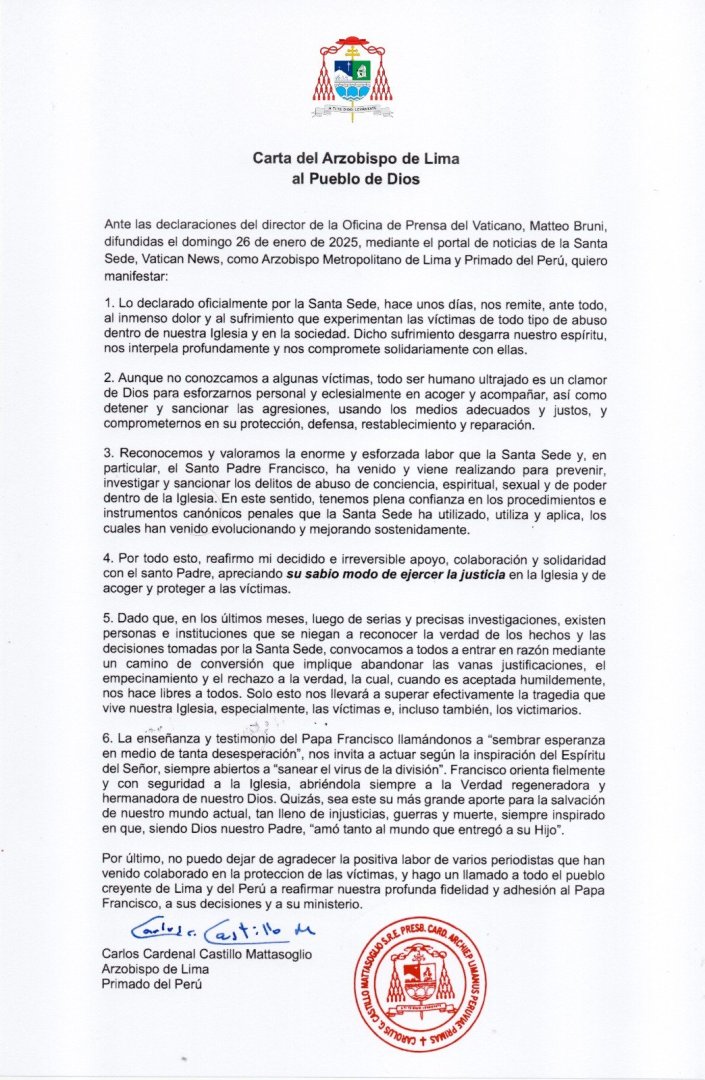 Arzobispo de Lima llama a "convertirse" a quienes an defienden al ex cardenal Cipriani