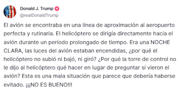 Mensaje de Donald Trump tras accidente areo en Washington D.C.