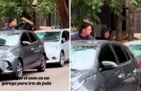 Estacion frente a un garaje para ir a fiesta y destrozaron su auto.