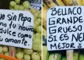 Vendedora de frutas la rompe con sus ingeniosos y divertidos letreros: "Uva sin pepa, como tu novio"