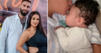 Angie Arizaga muestra el rostro de su bebe con Jota Benz.