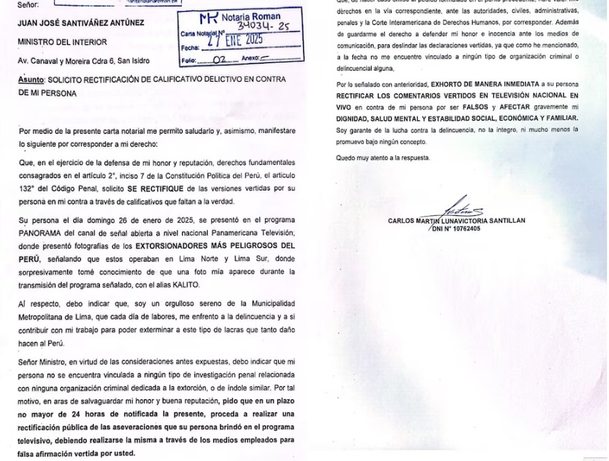 Sereno enva carta notarial a ministro Santivez.