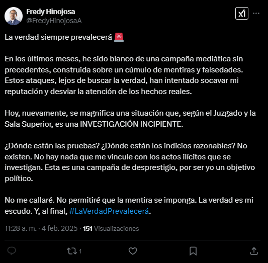 Fredy Hinojosa rechaza acusaciones en su contra e impedimento de salida del pas.