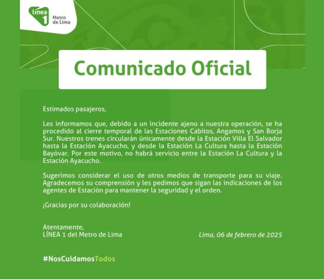 Lnea 1 del Metro de Lima cierra temporalmente tres estaciones tras incidente.