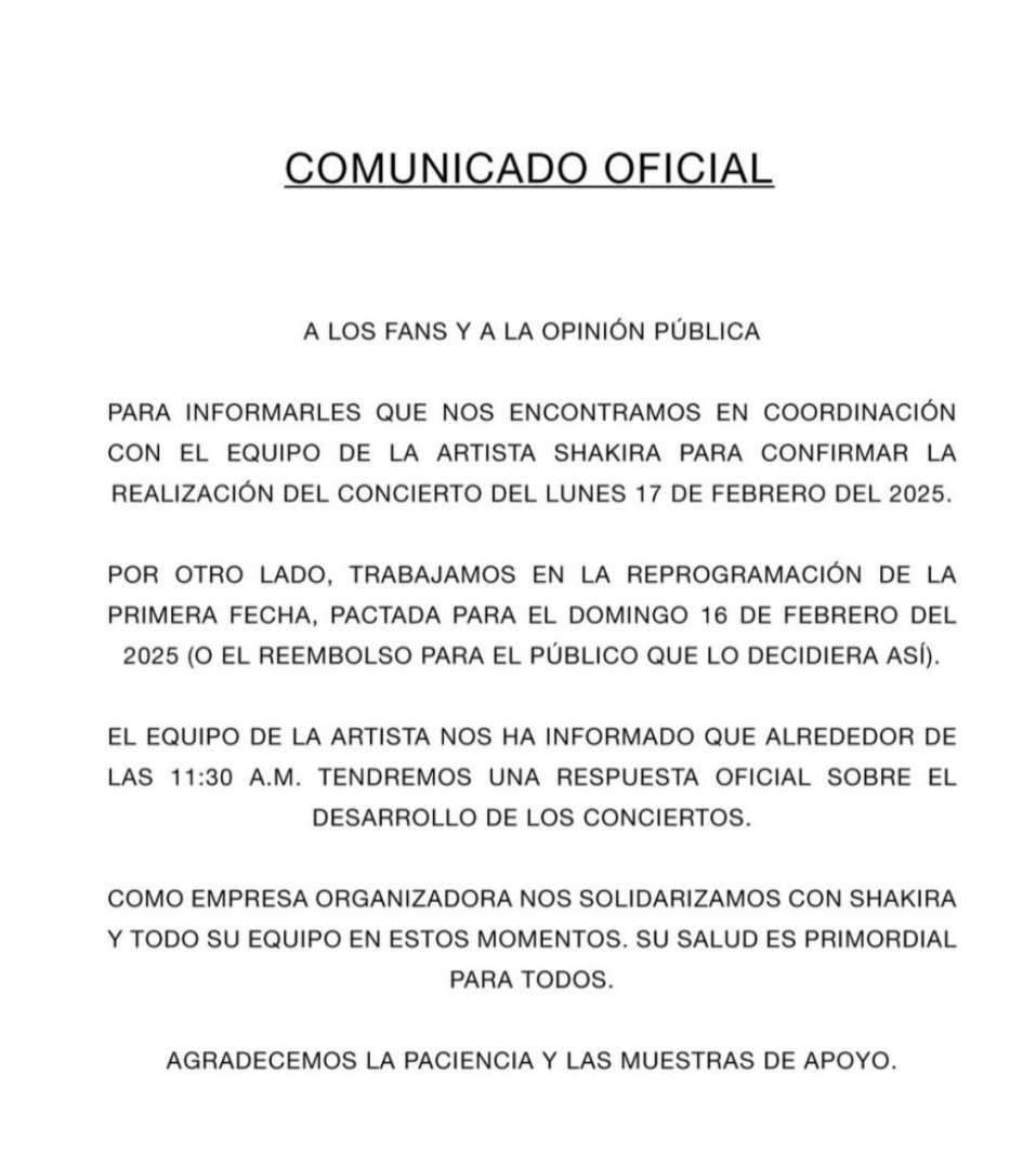 Organizadores del concierto de Shakira se pronuncian.